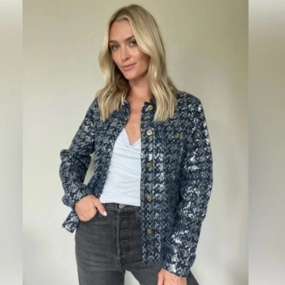 NWt Six/Fifty Sequin Denim Herringbone Jacket Dark Blue Silver XS Oversized - Picture 2 of 5